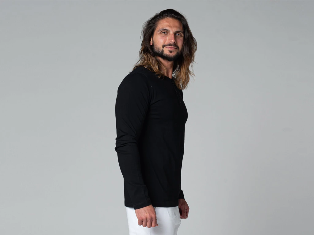 T-Shirt TAPAN 3 Boutons 100% Coton Bio Noir - Vêtements de Yoga Homme - Taille S (38/40) 2 T-Shirt TAPAN 3 Boutons 100% Coton Bio Noir - Vêtements de Yoga Homme - Taille S (38/40) – Image 2